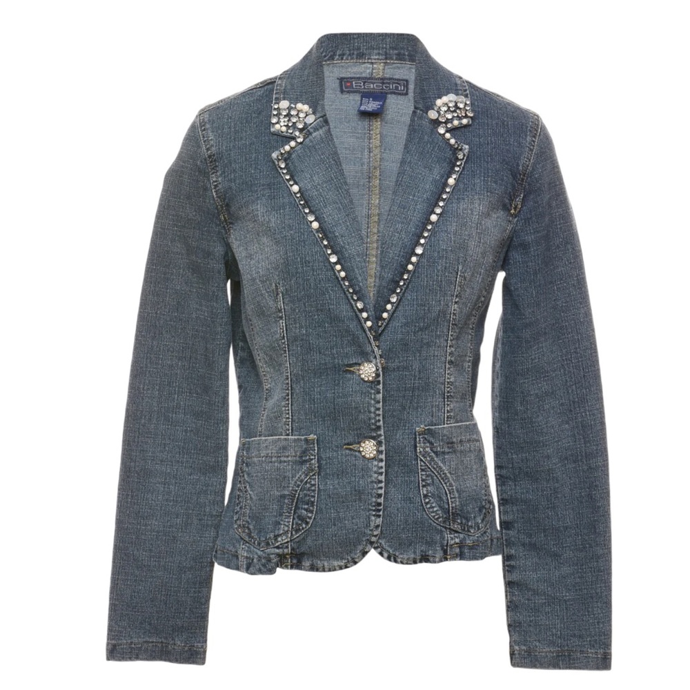 Vintage- Baccini PEARLS & RHINESTONE JEAN JACKET petite L, 1970, denim, bling